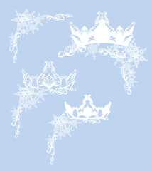 blue and white vector silhouette of royal crown and winter snow flakes forming festive border decor set © Cattallina