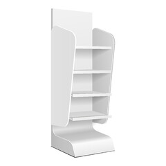 Cardboard Retail Shelves Floor Display Rack For Supermarket Blank Empty. Mock Up. 3D On White Background Isolated. Ready For Your Design. Product Advertising. Vector EPS10 - 559754700