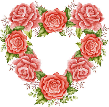 Watercolor illustration of a heart wreath of roses.