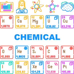 chemistry science chemical icons set vector. laboratory technology, scientific element, education atom, medical research molecule chemistry science chemical color line illustrations
