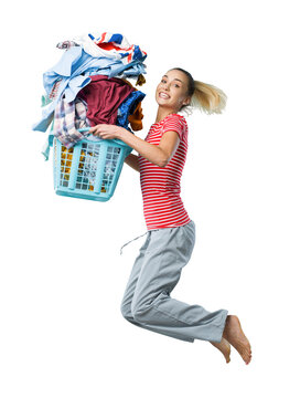 Happy Woman Doing Laundry And Jumping