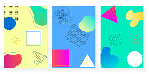 Geometric background with abstract shapes. Memphis. Texture for poster, card, social media covers. Geometry banner in retro style. Vector