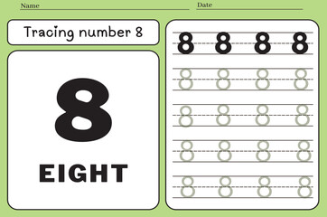 Number 8. tracing practice worksheet for kids learning to count and write worksheets for learning number
