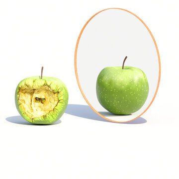 fake reality vs reality, social media vs real life concept green apple reflection in the mirror on white background, fake news concept