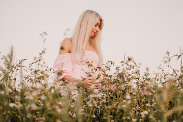 Blonde woman posing in the big endless field of daisies in summer evening. Lady wear pink dressed, looking aside smiling, touching the plant green blossoming flower. Moody atmosphere
