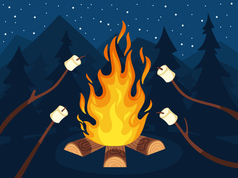 Bonfire with marshmallow. Scout camping food, marshmallows on stick on fire and friends travel campfire night cartoon vector illustration