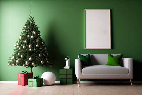 Christmas Themed Green Room With Wall Mockup. Generative AI