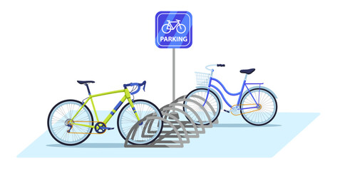 Bicycle parking area. Public bike rack with parking sign and parked bicycles. Ecologic city transport vector illustration - obrazy, fototapety, plakaty