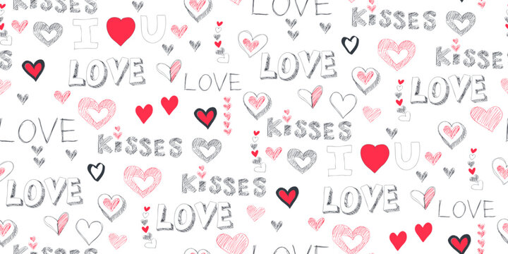 Grunge vector seamless pattern with hand painted hearts and words love. Hand drawn illustration for Valentines day wrapping paper or wedding invitation card background in pink, black and white colors