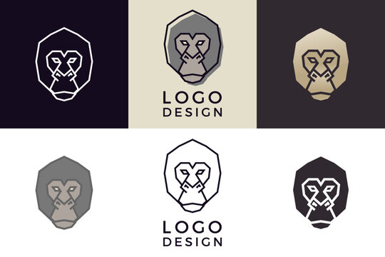 Stylized geometric Gorilla head illustration. Vector icon tribal ape design in 6 different styles