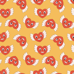 Vector retro seamless pattern with funny flying hearts. Heart shaped characters with wings on yellow background y2k. Valentines day. Groovy pattern in flat design. Love and romance.