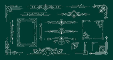 Tropical art deco. Vintage frames with natural motifs, geometric lines ornaments dividers and corners with elegant leaves vector set