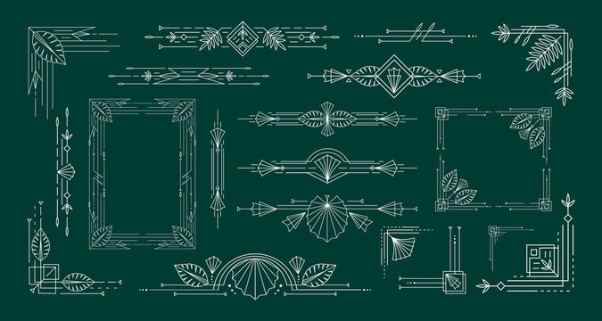 Tropical art deco. Vintage frames with natural motifs, geometric lines ornaments dividers and corners with elegant leaves vector set