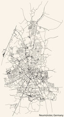 Detailed navigation black lines urban street roads map of the German town of NEUMÜNSTER, GERMANY on vintage beige background