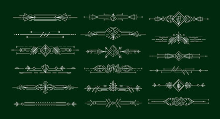 Tropical art deco dividers. Decorative header line ornament with geometric leaves, nature label design divider elements vector set
