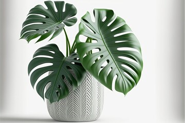 Monstera plant in pot isolated on white background, Minimal tropical leaves houseplant home decor, ai generated