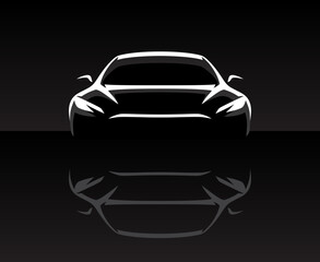 Sports car vehicle silhouette front profile. Auto garage dealership showroom background. Vector illustrations.