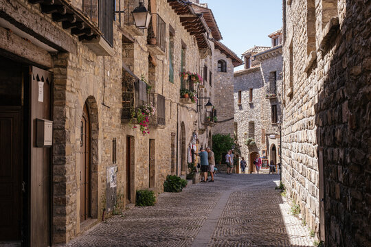 Main street of a typical beautiful villages of Spain - Ainsa Sobrarbe ,Huesca province, Pirenei mountains. High quality photo