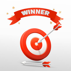 Marketing success concept. Targeting the business. Realistic 3d design red target and arrow in center. Game of darts. Vector social media banner design. Business finance, goal, target achievement.