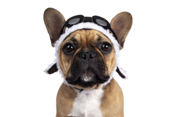 Head shot of cute young fawn French Bulldog youngster, standing facing front wearing brown pilot hat and goggles. Looking straight to camera. Isolated cutout on transparent background.