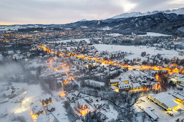 Winter townscape of Zakopane in Poland, aerial drone view - obrazy, fototapety, plakaty