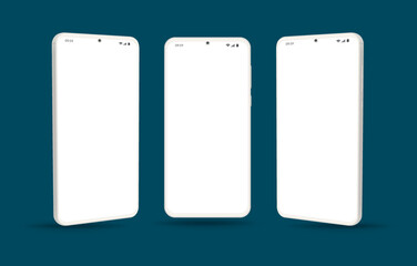 White smartphone mockup on dark blue backgound. Set of white smartphone templates with white blank screen. Easy editable. Vector illustration.