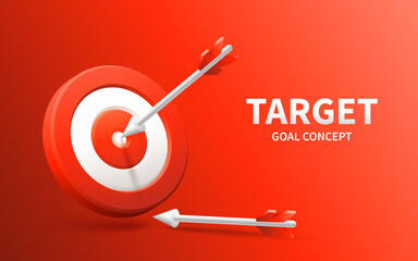 Marketing success concept. Targeting the business. Realistic 3d design red target and arrow in center. Game of darts. Vector red banner design. Business finance, goal of success, target achievement.