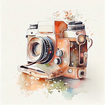 An antique-style watercolor camera, perfect for a photography business logo. Generative ai