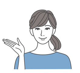 笑顔で案内する女性 ブルー