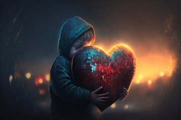 Young child hugging a red heart. Generative AI, this image is not based on any original image, character or person. - obrazy, fototapety, plakaty
