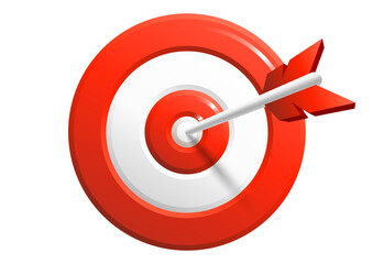 Realistic 3d design red round target and arrow in center isolated on white. Marketing success concept. Targeting the business. Game of darts. Business finance, goal of success, target achievement.