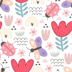 Foto auf Leinwand seamless pattern with insects, flowers, decor elements. summer colorful vector for kids, flat style. Baby design for fabric, textile, print, wrapper. © Ann1988