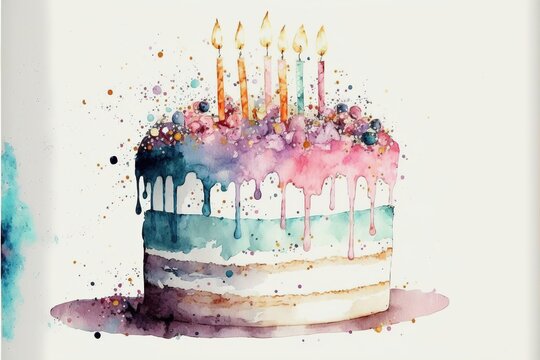 birthday cake with candles, watercolour, ai generated