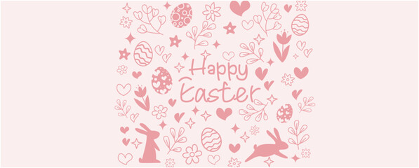 Happy easter decorative pattern. Happy easter graphic pattern decoration with bunnies, flowers, leaves, heart and eggs. Easter graphic for banner, background and promotion design. Vector illustration.