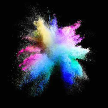 Centered explosion of colorful powder on black background.