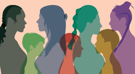 Get to know each other. Communication group of multi-ethnic women and girls. Flat vector illustration. Community of female social networkers from different cultures. 