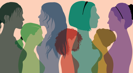 Get to know each other. Communication group of multi-ethnic women and girls. Flat vector illustration. Community of female social networkers from different cultures. 