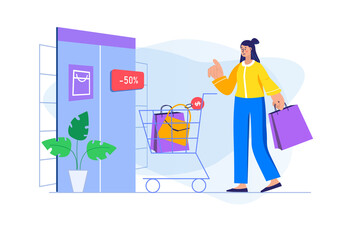 Shopping concept with people scene. Woman customer makes purchases at discount prices and puts bags in supermarket trolley in shop. Illustration with character in flat design for web banner
