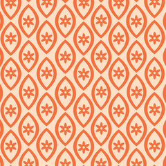 Obraz premium Retro orange flowers over mid century ovals seamless pattern on beige background. For home decor, textile and fabric 