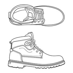 Safety boots. Personal protective equipment or winter classic men boots. Side and top view. Outline vector doodle illustration.