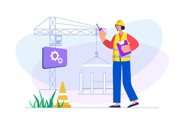 Construction engineer concept with people scene. Woman works as architect, technician or contractor, and stands near crane at cite. Illustration with character in flat design for web banner