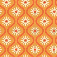 Retro white flower on orange mid century oval ogee seamless pattern. For home décor, textile and fabric 