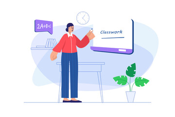 Back to school concept with people scene. Teacher stands at blackboard, writes classwork and explains in lesson for students in class. Illustration with character in flat design for web banner