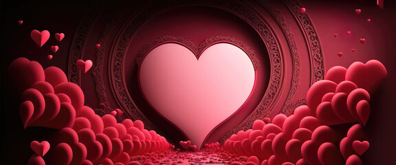 red and pink valentine's day background with hearts, generative ai