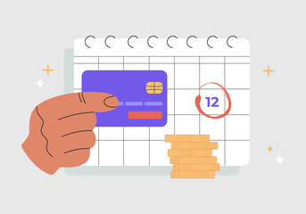Payment calendar and hand with credit card. Concept of regular monthly tax or credit bill pay planning, deadline reminder. Hand drawn vector illustration isolated on background, flat cartoon style