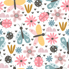 seamless pattern with insects, flowers, decor elements. summer colorful vector for kids, flat style. Baby design for fabric, textile, print, wrapper.