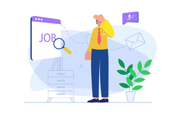 Job search concept with people scene. Man looking open vacancies online, selection best offers and sending his resume to companies. Illustration with character in flat design for web banner