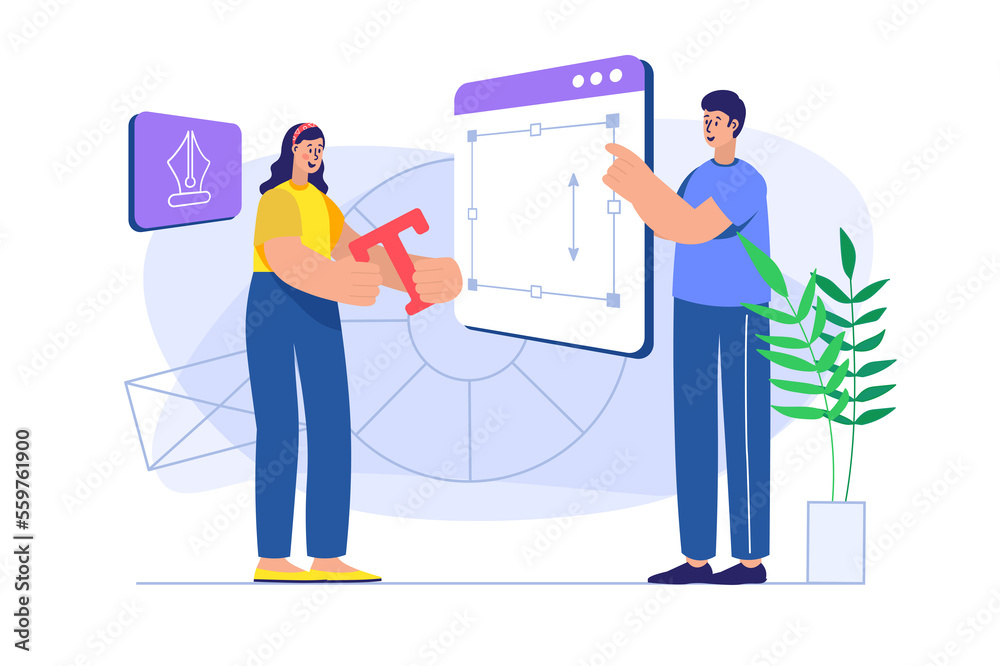 Poster design studio concept with people scene. man and woman designers are working on website layout, prot