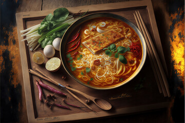 Malaysian Penang assam laksa, noodles in a seafood broth with seafood in it - obrazy, fototapety, plakaty