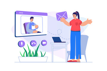 Video chatting concept with people scene. Woman receives messages and communicates online with man using laptop and video call program. Illustration with character in flat design for web banner